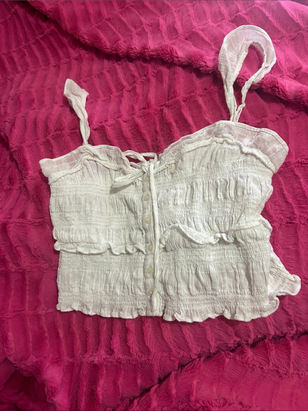 American Eagle Outfitters White Smocked Ruffle Tie-Front Cami